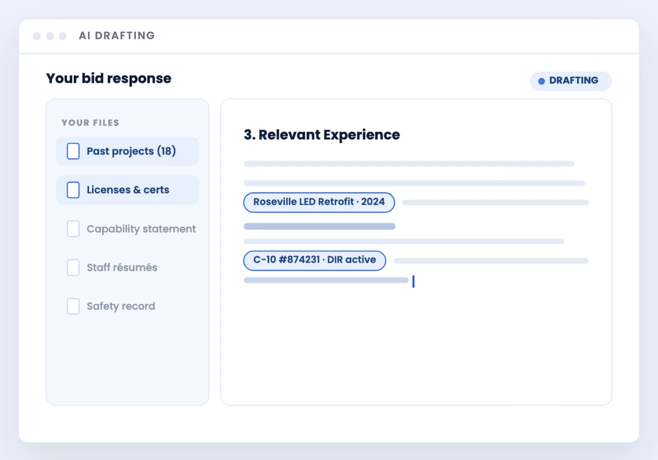 FindBids AI drafting view: a bid response section titled Relevant Experience being assembled from the contractor's own past projects and license records